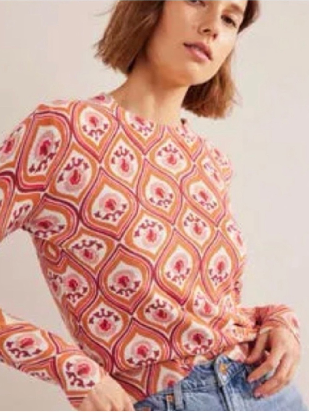 Boden Women’s Lightweight Pink Orange Patterned Long-Sleeve Sweater